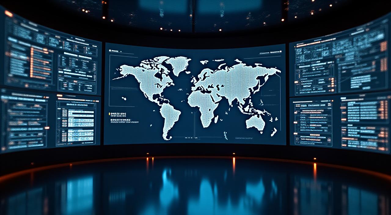 Abstract digital logistics dashboard showing global shipping routes and data metrics