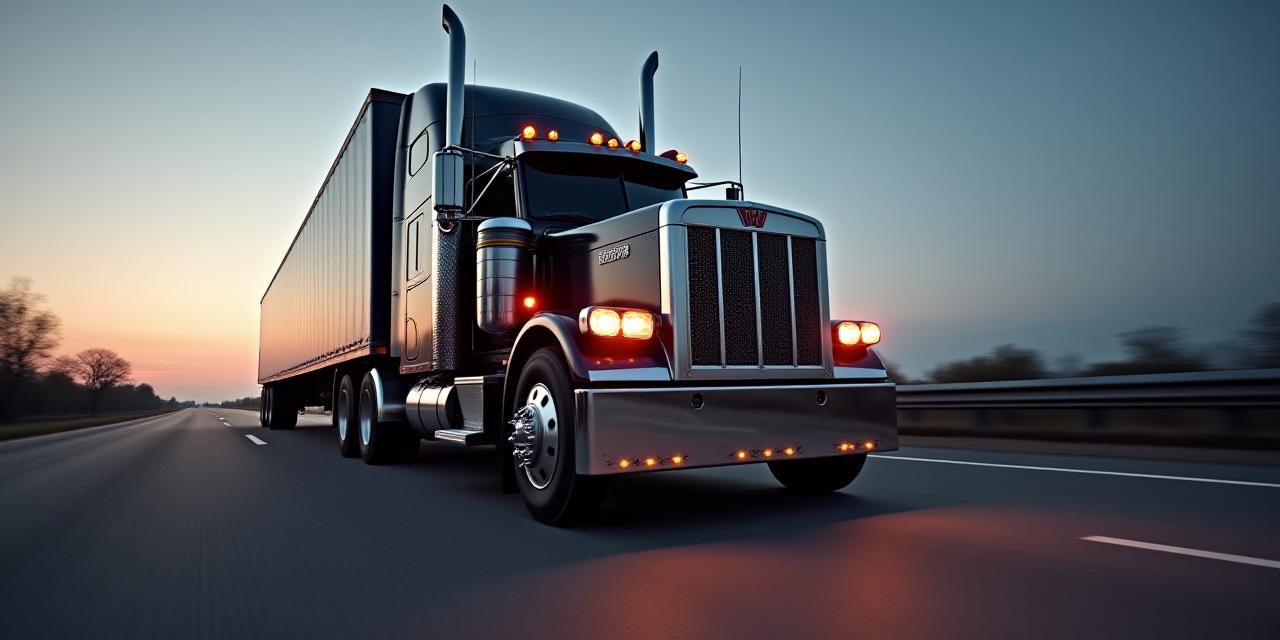 Heavy-duty freight truck on a dark highway under high-contrast lighting